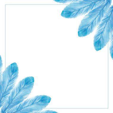 Suluboya el boyalı kuş tasarımı kare çerçeve açık mavi tüylü fan buket kompozisyonu köşeler ve beyaz arkaplan üzerinde sınır çizgisi metin için boşluk