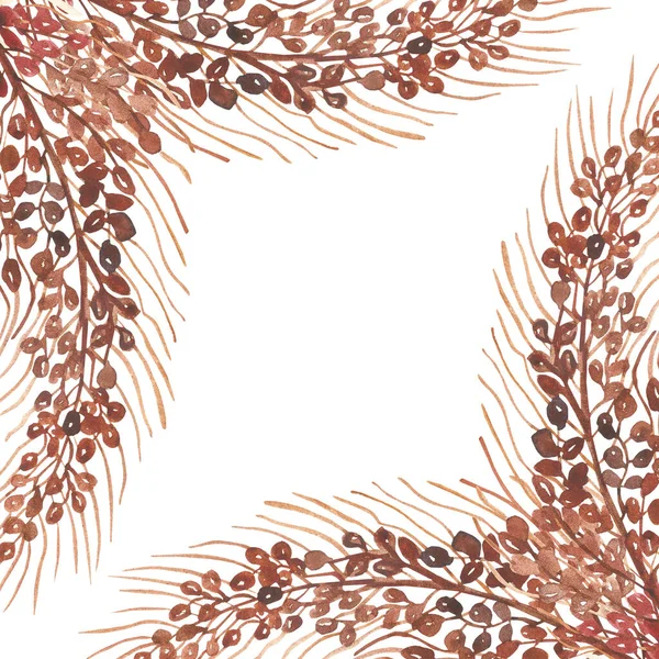 Watercolor hand painted nature grain fields squared border frame with brown cereals on branches composition on the white background for invite and greeting card with the space for text