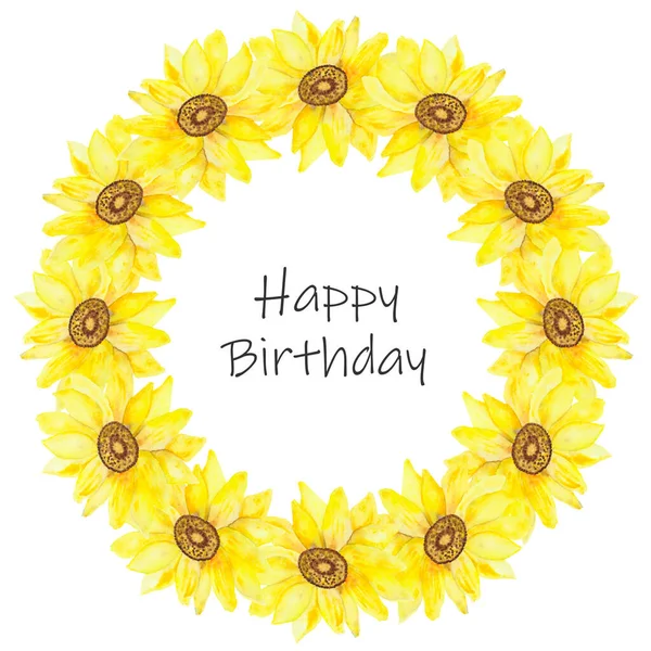 Watercolor hand painted nature garden floral circle frame with yellow sunflowers, black center bouquet and happy birthday text on the white background for celebration greeting card