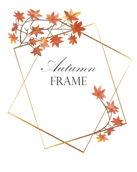 Watercolor hand painted nature autumn season frame composition with orange maple leaves on branch, golden border lines and text on the white background for invite and greeting cards