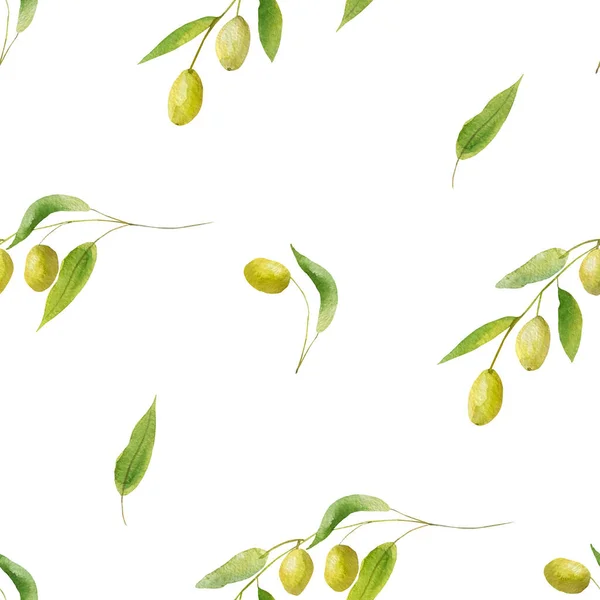 Watercolor Hand Painted Garden Plant Seamless Pattern Green Olives Leaves — Zdjęcie stockowe