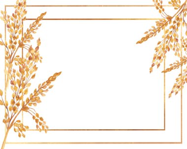 Suluboya el boya doğa tahıl tarlaları kare sınır çerçevesi Sarı tahıl buketi buket ve beyaz arka planda altın çizgiler davet ve metin alanı ile tebrik kartı