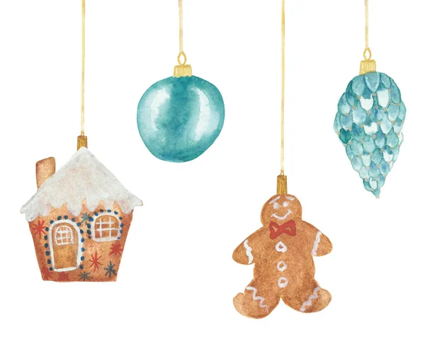 Watercolor Hand Painted Winter Season Set Blue Christmas Tree Toys — Stock Photo, Image