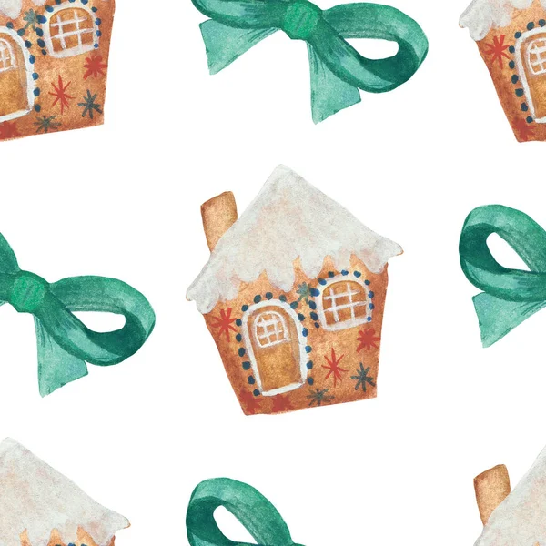 水彩手描き冬休み手作りベーカリーシームレスパターンでジンジャーブレッドハウスクッキー釉薬と緑の弓の装飾クリスマスプリントのための白い背景に隔離された — ストック写真