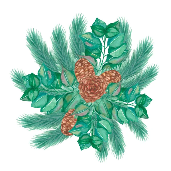 Akvarell Handmålad Natur Vinter Växter Sammansättning Med Gröna Gran Grenar — Stockfoto