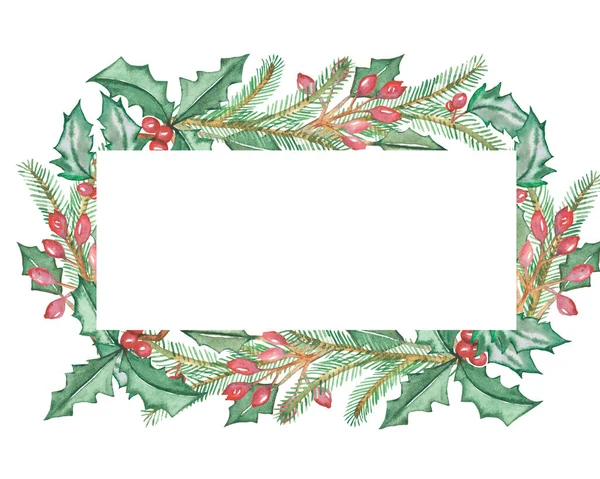 水彩画自然寒假横幅框架 白色背景上印有冬青植物 绿叶和冷杉枝叶组成的招贴和问候语卡片 并留有文字空间 — 图库照片