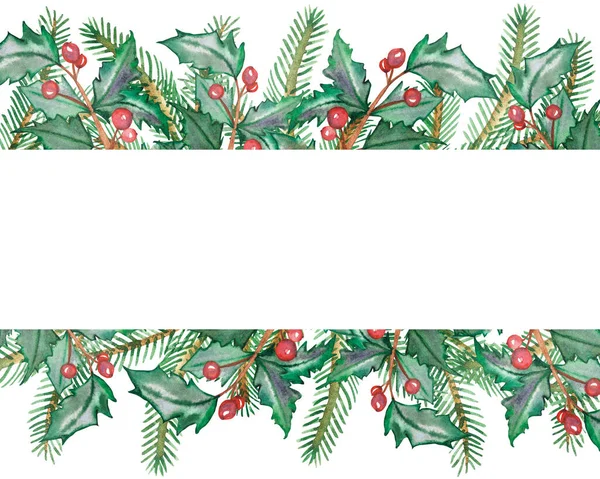 Watercolor Hand Painted Nature Winter Holiday Banner Frame Green Fir — Stock Photo, Image