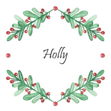 Suluboya el boya doğa kış tatil bitkileri çerçeve ile kırmızı böğürtlen ile yeşil Holly dalları ve beyaz arka planda kutsal metin ile Noel kutlama kartları