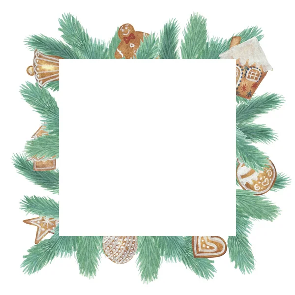 Watercolor Hand Painted Nature Winter Holiday Squared Border Frame Green — Stock Photo, Image