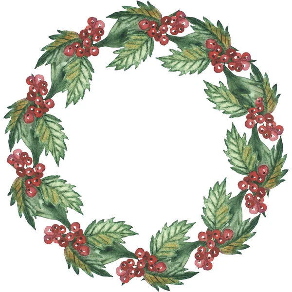 Watercolor Hand Painted Nature Winter Holiday Circle Frame Holly Branches — Stock Photo, Image