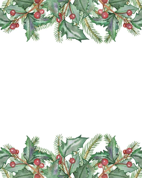水彩手描きの自然冬のホリデーバナーフレーム緑のモミの枝とホリーレッドベリーとテキストのためのスペースとクリスマスグリーティングカードのための白い背景に緑の葉 — ストック写真