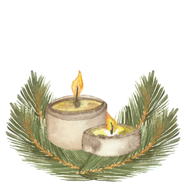 水彩手描きの自然の冬の休暇の組成ベージュの火のろうそくと緑のモミの枝新年のデザインカードのための白い背景に家の装飾 — ストック写真