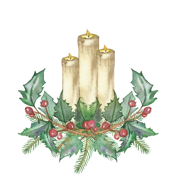 クリスマスカードの装飾のための白い背景に枝の花束に黄色の火のろうそくセットとホリー赤い果実と緑の葉で冬の休日の組成を描いた水彩手 — ストック写真