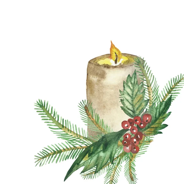 Watercolor Hand Painted Nature Winter Holiday Composition Beige Fire Candle — Stock Photo, Image