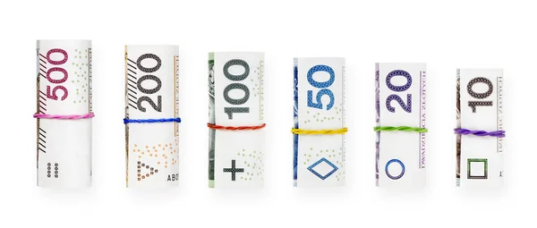 Rolled Rubber Polish Zloty Banknotes Isolated White Background Clipping Path — Stock Photo, Image