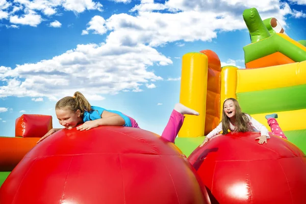 Happy Little Girls Having Lots Fun While Jumping Ball Ball — Stock Photo, Image