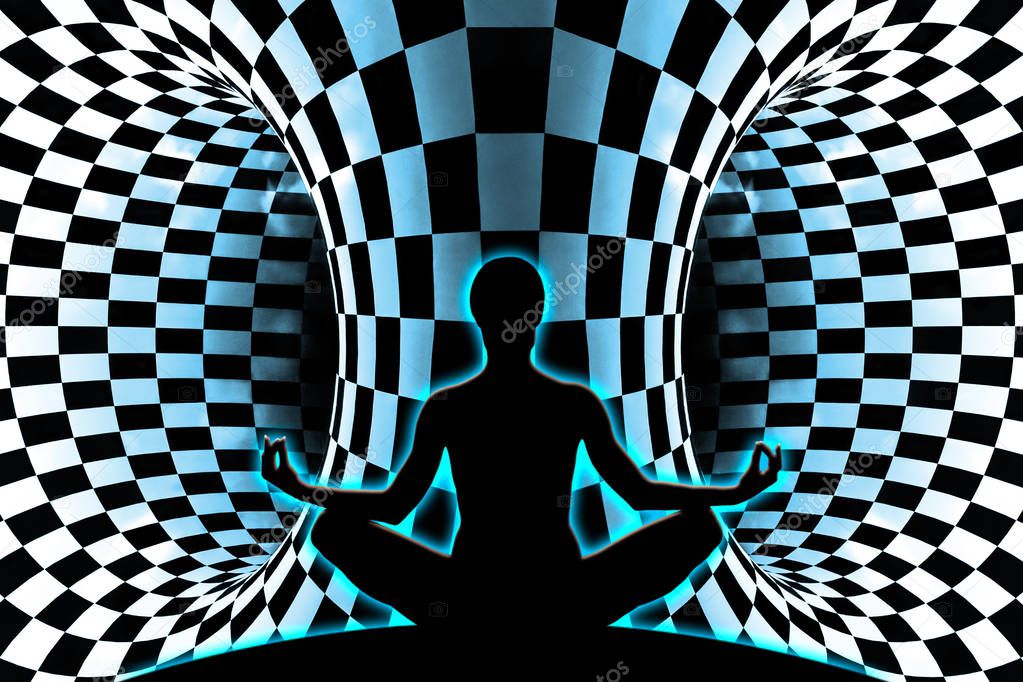 Female yoga figure in front of two dark tunnels before the decision which is the right choice.