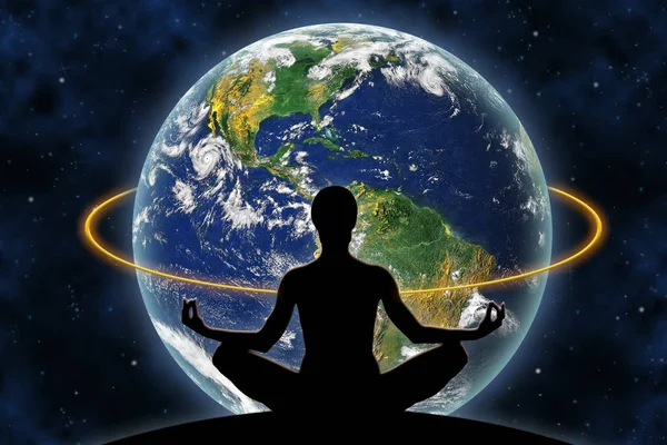 Kvinnliga Yoga Figur Mot Utrymme Bakgrund Och Planeten Jorden Delar — Stockfoto