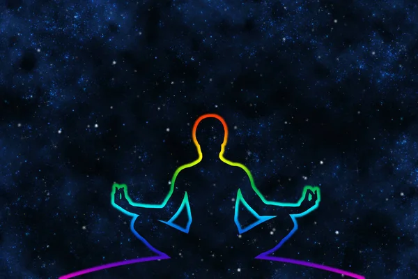 Female Yoga Figure Universe Background Stroked Colorful Blured Line Meditation — Stock Photo, Image