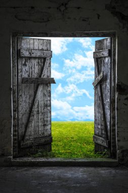 Terk edilmiş evde açık ahşap kapı. Dışında yeşil güneşli çayır.