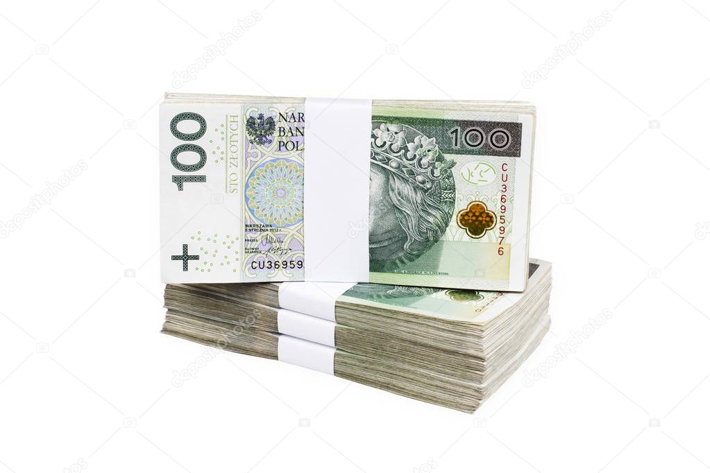 Bundles of polish 100 zloty banknotes. Isolated on white. Clipping Path included.