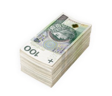 Bir paket Lehçe 100 Zlotisi banknotlar. Beyaz izole. Kırpma yolu dahil.
