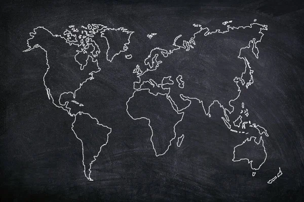 Контур Карти Світу Чорній Крейдяній Дошці — стокове фото