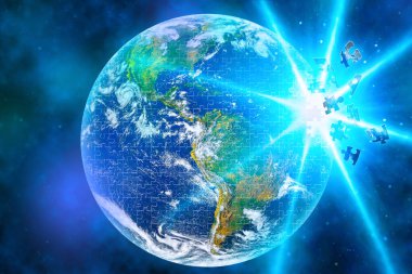 Dünya Gezegeni (yapbozdan yapılmıştır) uzayda birkaç parçanın düşmesiyle patlar. 