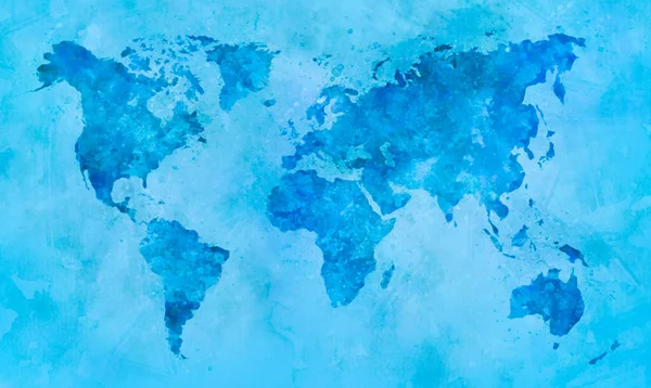 Mapa Mundo Aquarela Azul Pintura Salpicos Abstratos Sobre Papel — Fotografia de Stock