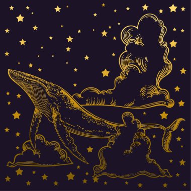 Yıldız ve bulutlar karanlık kozmik arka plan uçan balina el çekilmiş