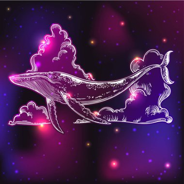 Yıldız ve bulutlar karanlık kozmik arka plan uçan balina el çekilmiş