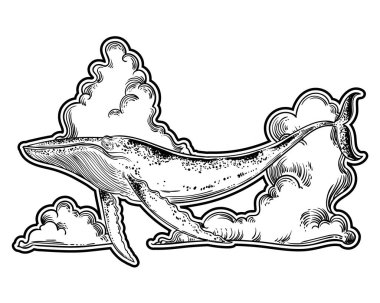 Elle çizilmiş anahat balina ile beyaz arka plan üzerinde izole bulutlar gökyüzünde uçan