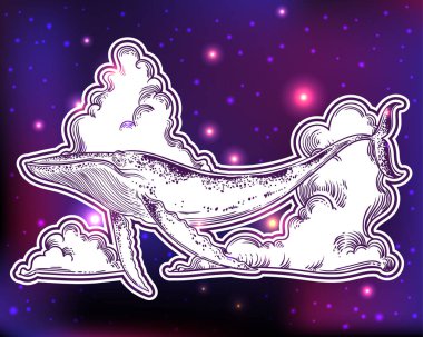 Yıldız ve bulutlar karanlık kozmik arka plan uçan balina el çekilmiş