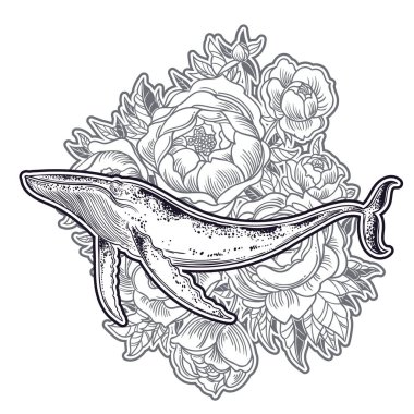 Anahat balina zengin peonies arka plan üzerinde