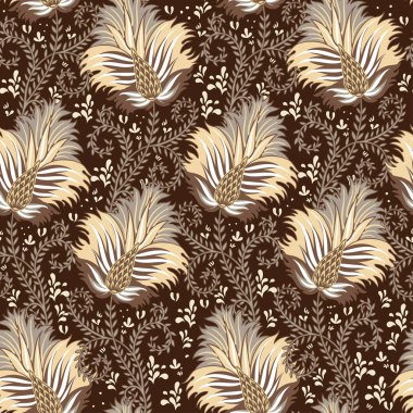 Kahverengi zemin üzerine bej çiçekli sorunsuz çiçek tasarım