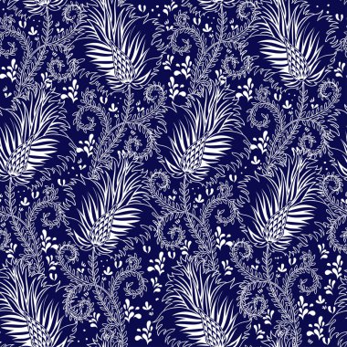 Mavi monokrom çiçekli, dikişsiz desen.