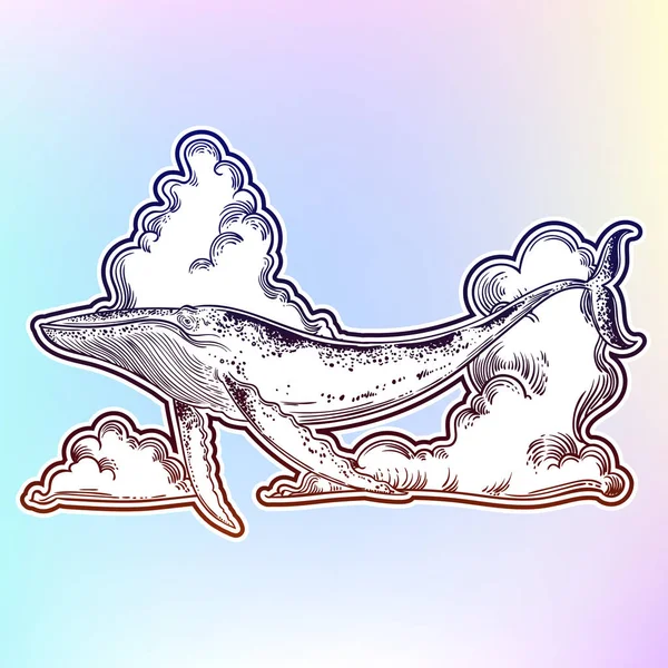 Ręcznie Rysowane Konspektu Wieloryb Pływające Kolorowe Niebo Chmurami — Wektor stockowy