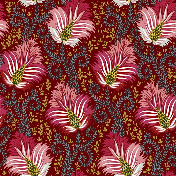 Patrón Vintage Inconsútil Hecho Flores Elegantes Rosadas Sobre Fondo Rojo — Archivo Imágenes Vectoriales