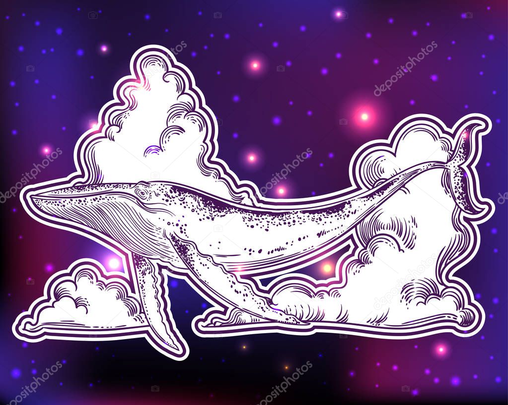 Hand drawn whale flying dark cosmic background with stars and clouds