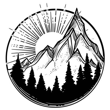 Güzel vektör çizim ile doğa manzara - çam ormanı ile dağlarda günbatımı, 