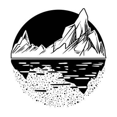 Doğa Manzara - Dağ ve göl ile güzel vektör çizim. Dövme sanatı. Sonsuz boşluk, meditasyon sembolleri, seyahat, turizm.