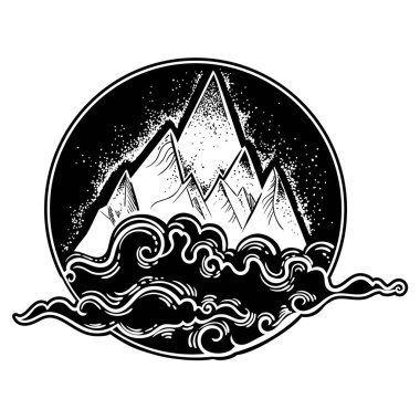 Güzel vektör çizim ile doğa manzara - dağlar ve bulutlar. Dövme sanatı. Sonsuz boşluk, meditasyon sembolleri, seyahat, turizm.