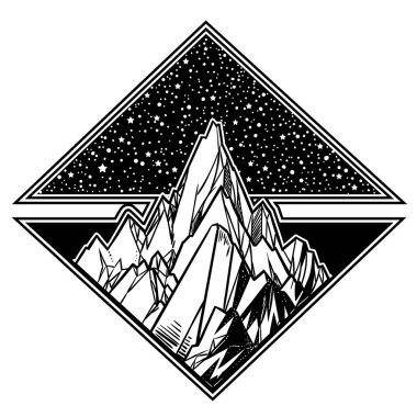 Doğa manzara - dağlar ve yıldız ile güzel vektör çizim. Dövme sanatı. Sonsuz boşluk, meditasyon sembolleri, seyahat, turizm.