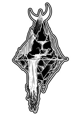 Doğa manzara - dağlar, ay ve göl ile güzel vektör çizim. Dövme sanatı. Sonsuz boşluk, meditasyon sembolleri, seyahat, turizm.