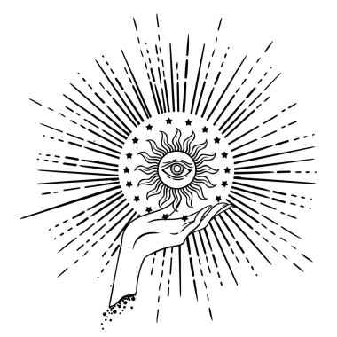 Güzel el-çizim elini yıldız göz simgesi tutuyor. Dövme tasarım, kendi kullanımınız için mistik sihirli sembolü.