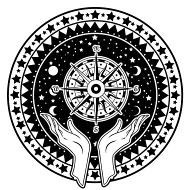 Güzel el-çizim elini pusula cosmos arka plan üzerinde tutuyor. Vektör illüstrasyon izole. Dövme tasarım, kendi kullanımınız için mistik sihirli sembolü.