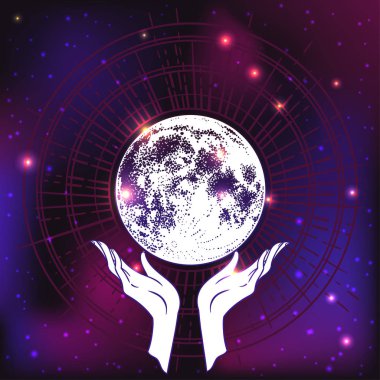 Beautiful hand-drawing hand is holding planet. Vector illustration  isolated. Tattoo design, mystic magic symbol for your use. clipart
