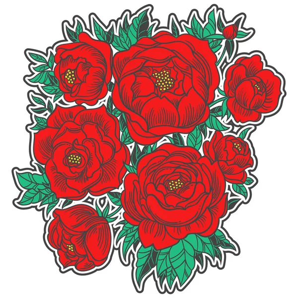 Schöne Handgezeichnete Vektorillustration Mit Roten Pfingstrosen Perfekt Für Tätowierung Einladung — Stockvektor