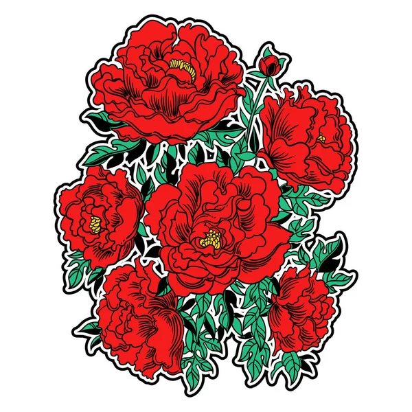 Beautiful Hand Drawn Vector Illustration Red Peonies Perfect Tattoo Invitation — Stock Vector