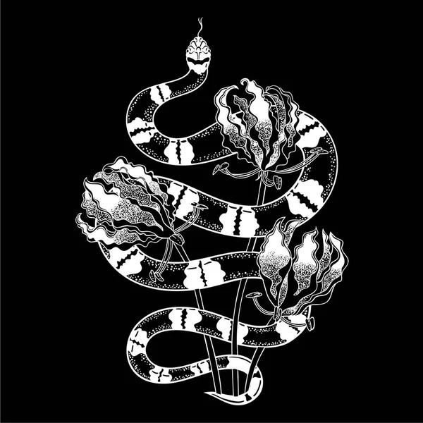 Serpiente Vintage Dibujada Mano Con Flores Tatuaje Arte Ilustración Vectorial — Archivo Imágenes Vectoriales